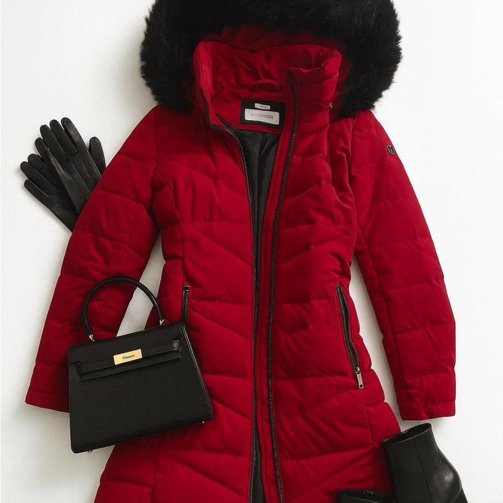 Calvin Klein Red Longline Puffer Coat with Faux Fur Hood 🌹 Size S